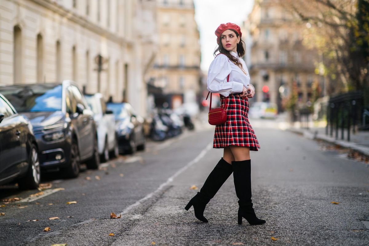 red checkered skirt outfit