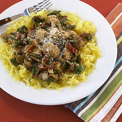 Spaghetti Squash With Chicken Mushrooms Spinach Recipe Myrecipes