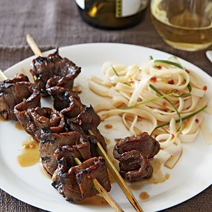 Skewered Beef on Noodle Nests Recipe