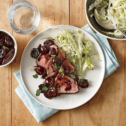 Pork Tenderloin With Roasted Cherries Shallots Recipe Myrecipes