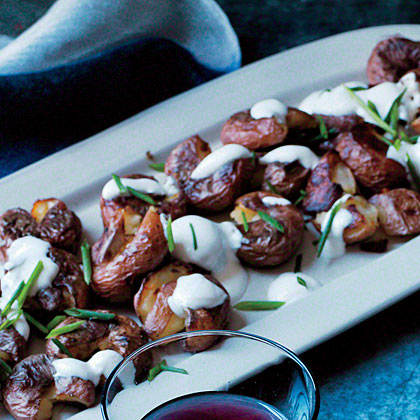 Crispy Smashed Potatoes with Pickles and Gin-Spiked Sour Cream