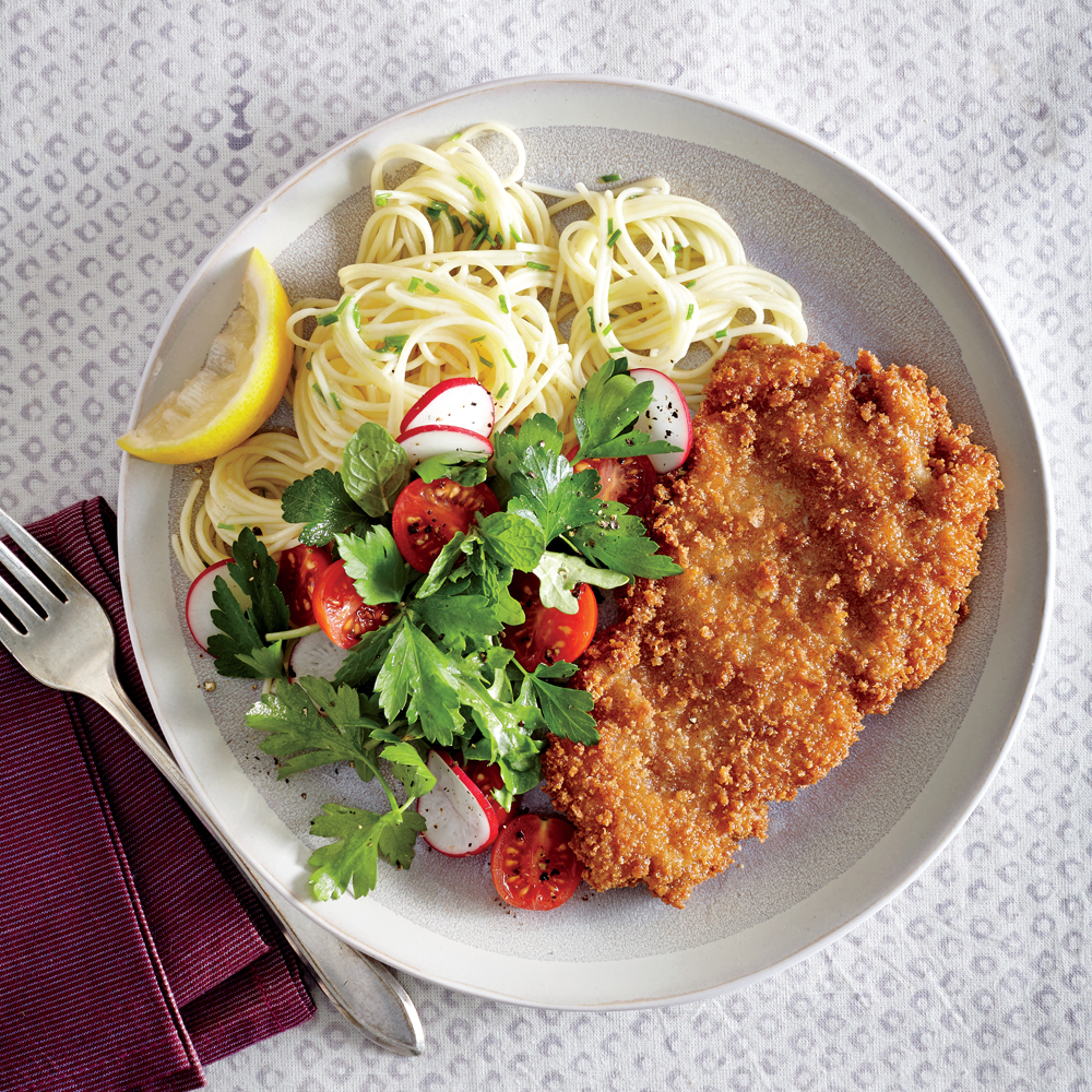 Crispy Chicken Cutlets With Butter Chive Pasta Recipe Myrecipes