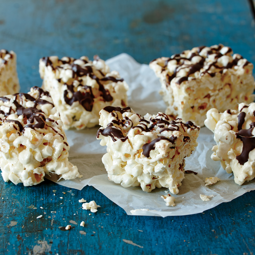Marshmallow Popcorn Treats & Dark Chocolate Drizzle Recipe | MyRecipes