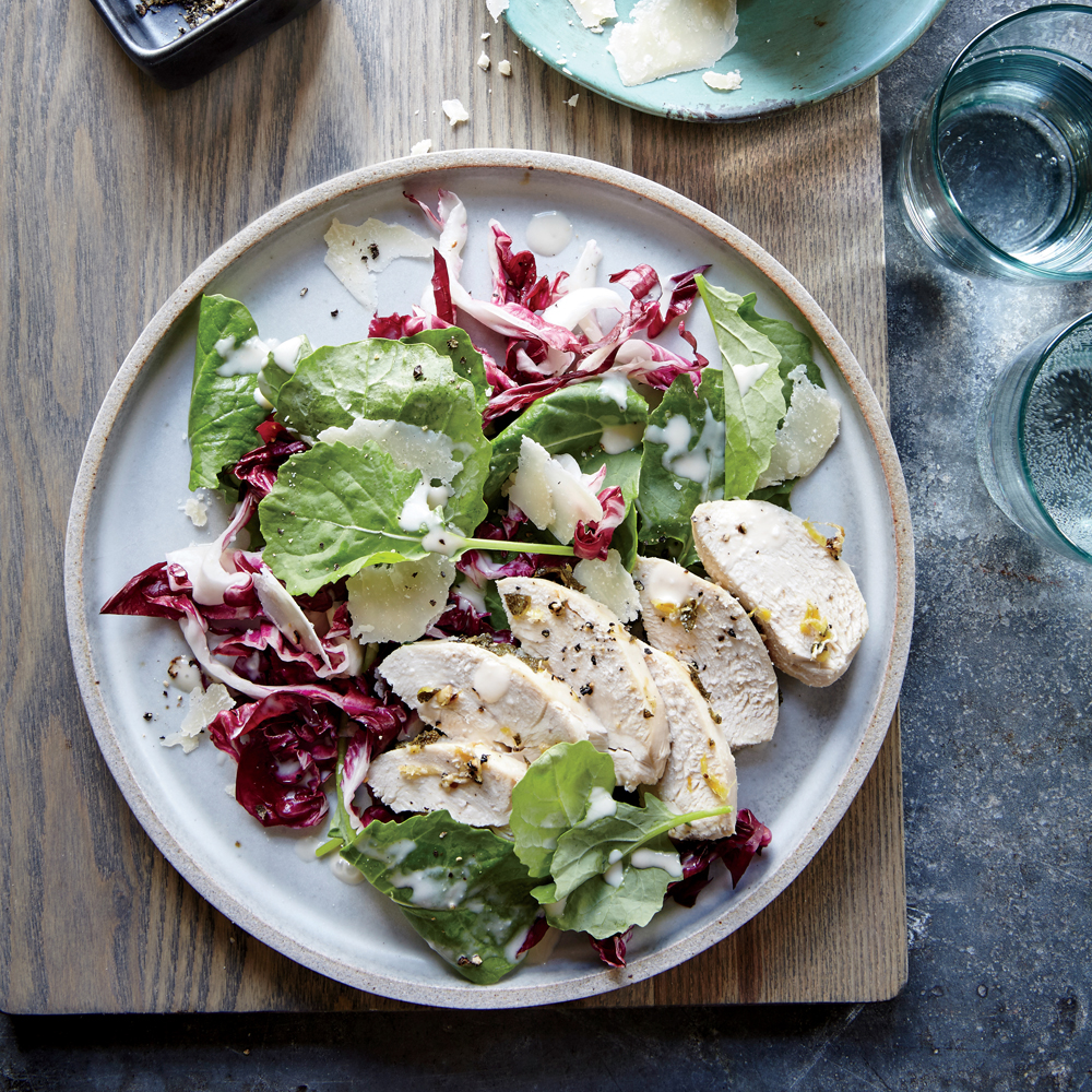 Garlic Sage Roasted Chicken Kale Radicchio Caesar Salad Recipe Myrecipes