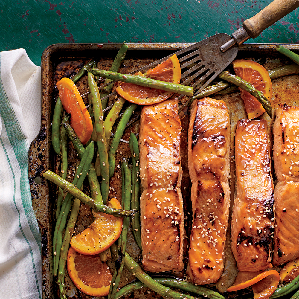 Honey Soy Glazed Salmon With Veggies Oranges Recipe Myrecipes