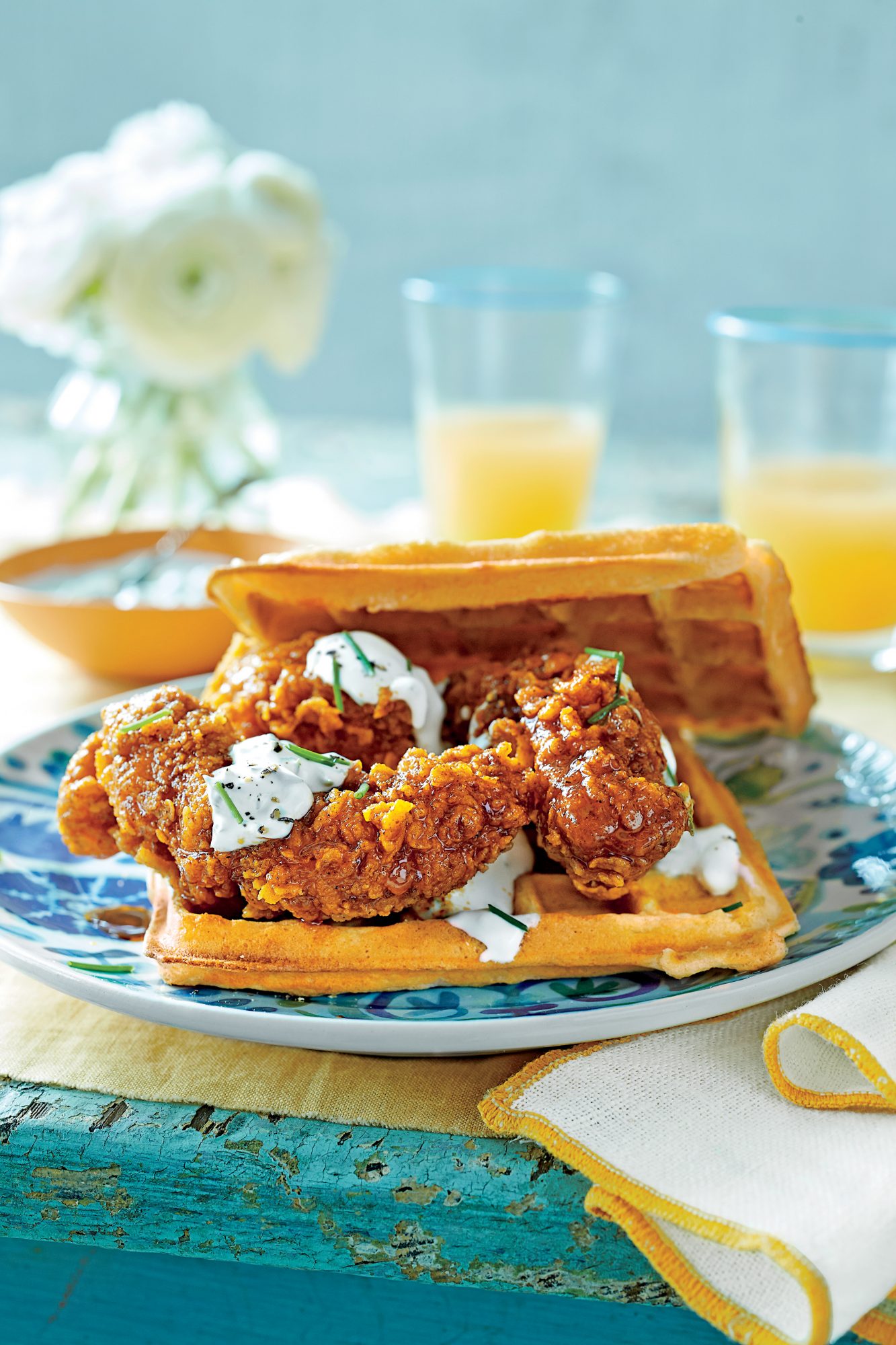 Hot Chicken Waffle Sandwiches With Chive Cream Recipe Myrecipes