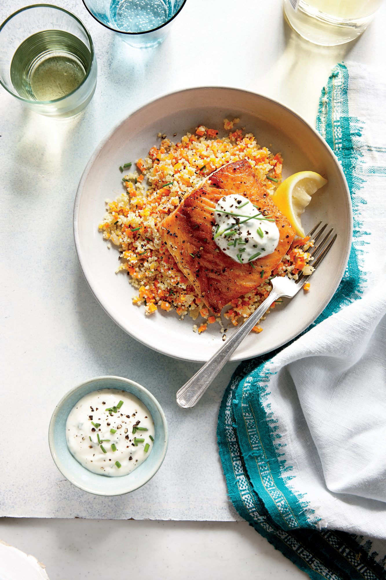 Lemony Roasted Salmon With White Wine Couscous Recipe Myrecipes