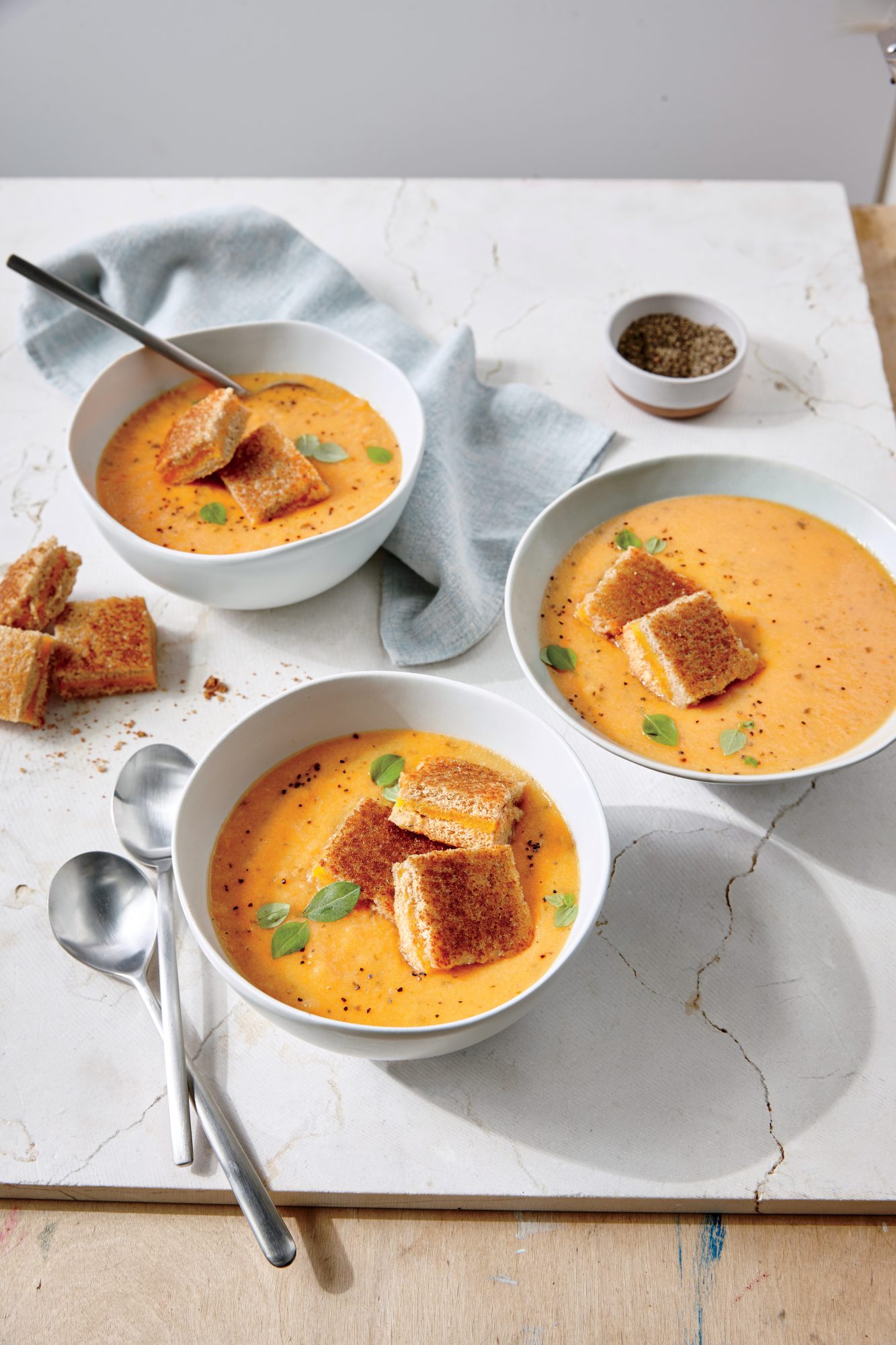 Fresh Tomato Soup with Grilled Cheese Croutons