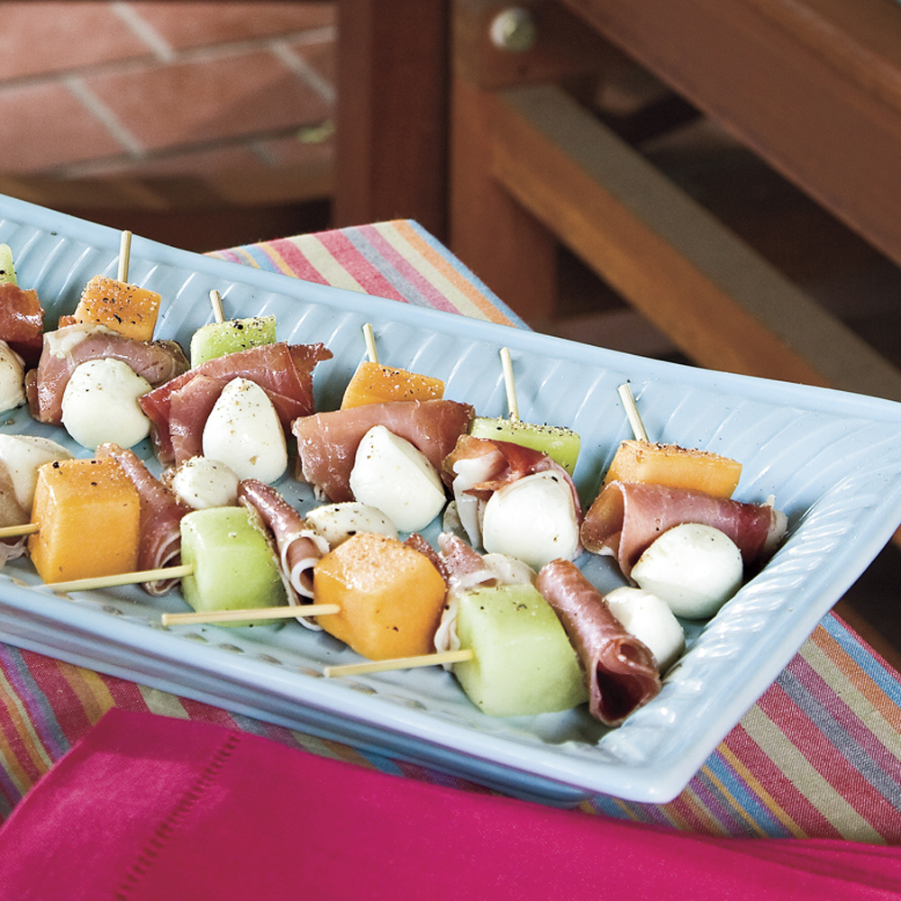Melon Mozzarella And Prosciutto Skewers Recipe Myrecipes Just wrap pineapple chunks with strips of bacon and set on the grill! myrecipes