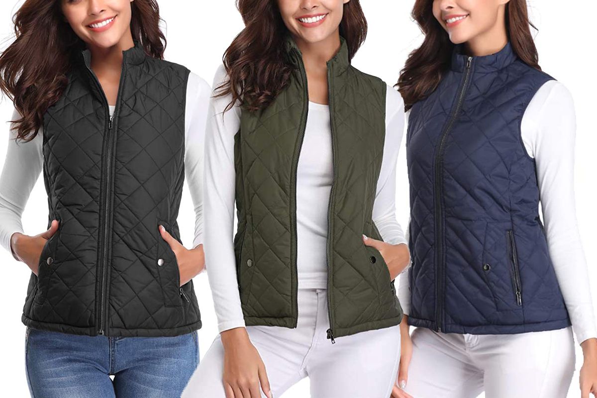 Fuinloth Womens Quilted Vest Stand Collar Lightweight Zip Padded Gilet 