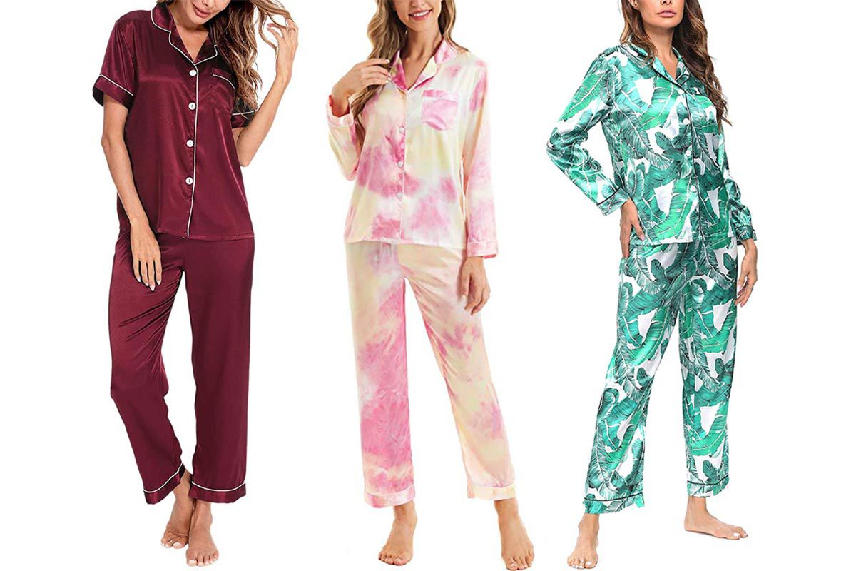 SWOMOG Women's Satin Pyjamas Set Silk Sleepwear Two Piece Nightwear Loungewear Set