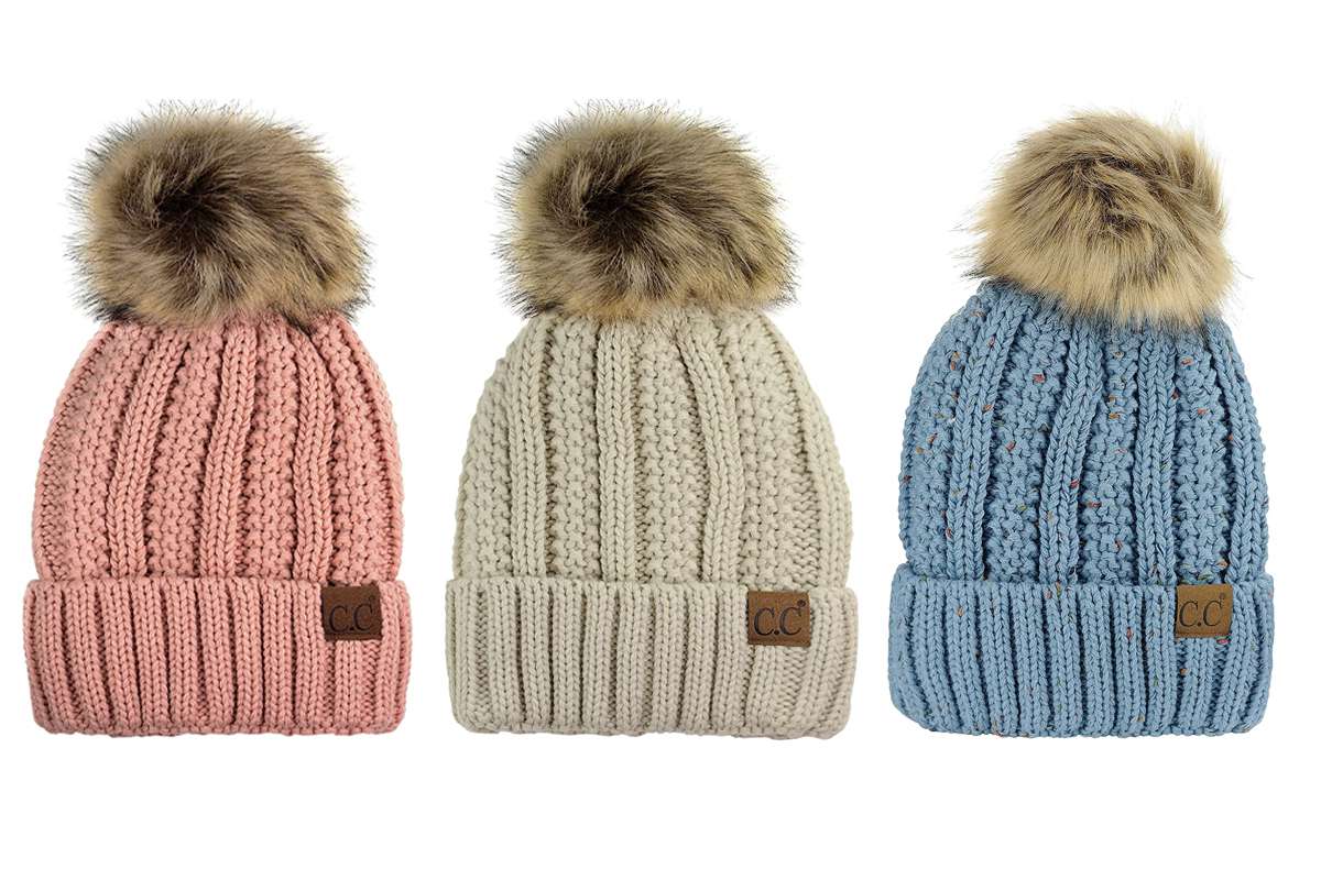 Winter Real Fur Pom Beanie Hat Warm Oversized Chunky Cable Knit Slouch Beanie Hats for Women