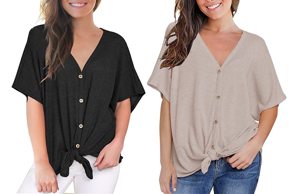 Casual O Neck Tops Short Sleeve Blouses Knot Tie Front Loose Tee T-Shirt for Women 