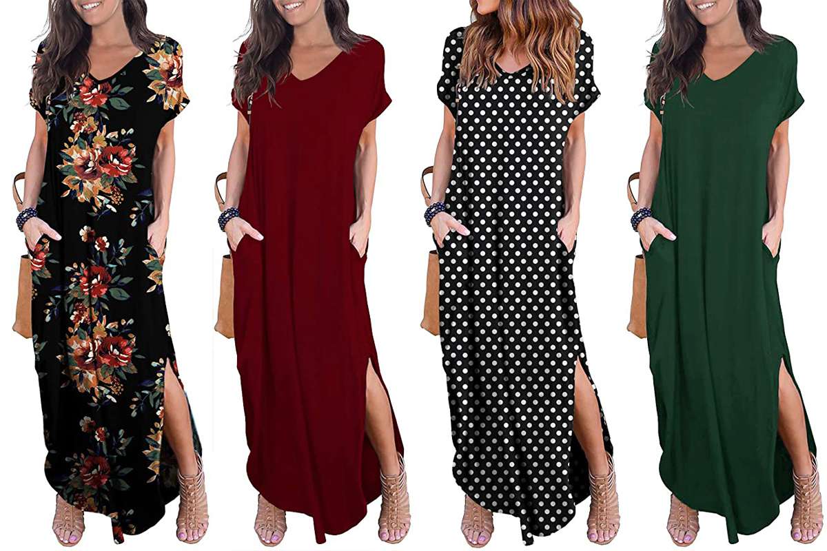 Plus Size Dress for Women Loose O Neck Short Sleeve Solid Casual Maxi Dresses with Side Pocket