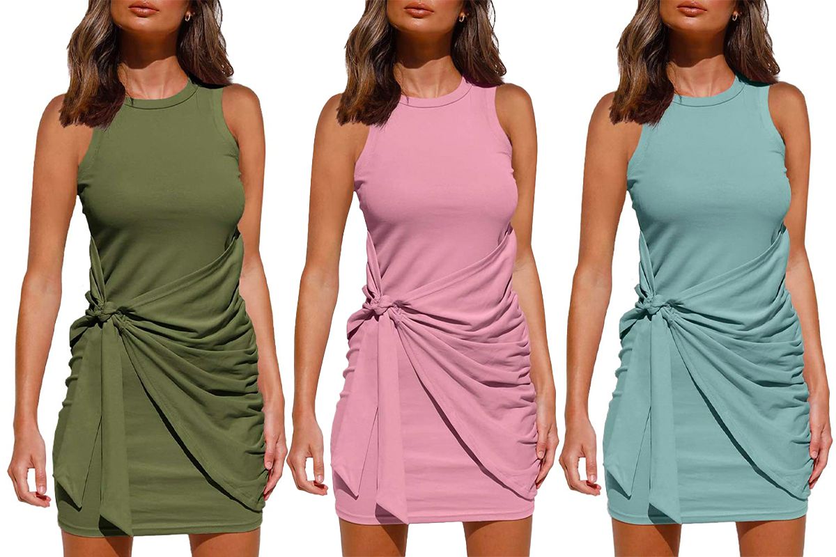 Smileyth Women O-Neck Sleeveless Dress Fashion Solid Color Casual Slim Fit Straight Tank Mini Dress