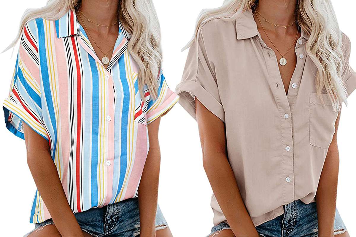 Beautife Womens V Neck Striped Button Down Collared Roll up Sleeve Casual Tunic Shirt Blouse Tops
