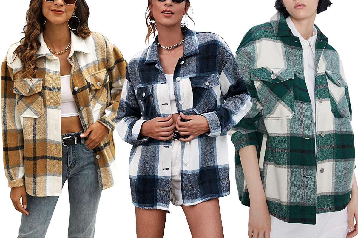 Womens Fleece Checkered Shirts Long Sleeve Plaid Button Down Tunic Blouse Casual Shacket Top Oversize Baggy Coat Thick Outwear