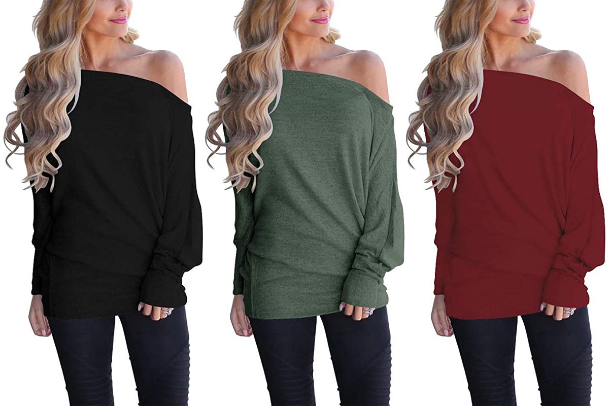 Fashionhe Women One Shoulder Pullover Sweater Autumn Long Sleeve Home Casual Knitted Jumper T-Shirt