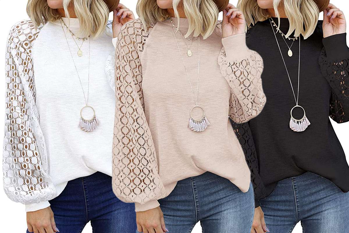 Womens Lace Long Sleeve Pullover Tops Ladies V Neck T Shirt Casual Work Blouse 