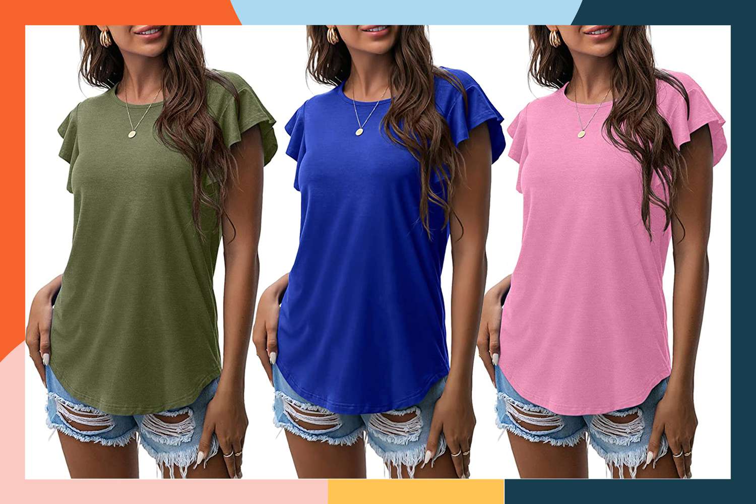 Women's Ruffle V-Neck T-Shirt Solid Casual V Neck Short Sleeve Tops Summer Loose Blouses Shirts