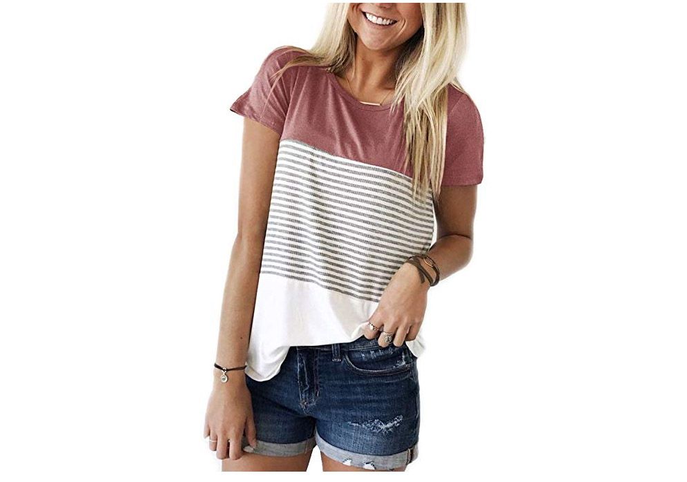 Womens Casual Short Sleeve Tunic Tops Color Block Criss Cross T-Shirts V-Neck Tie Knot Front Loose Blouses Tee