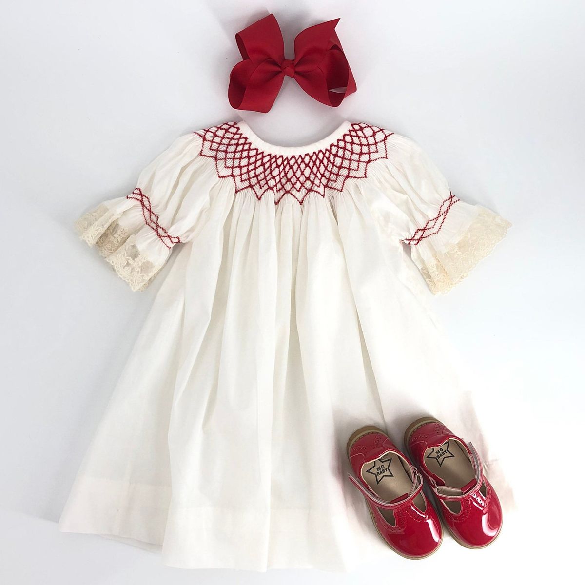 Smocked Holiday Dress Red Gingham With Wreaths 12 months to 6 yrs OR Romper