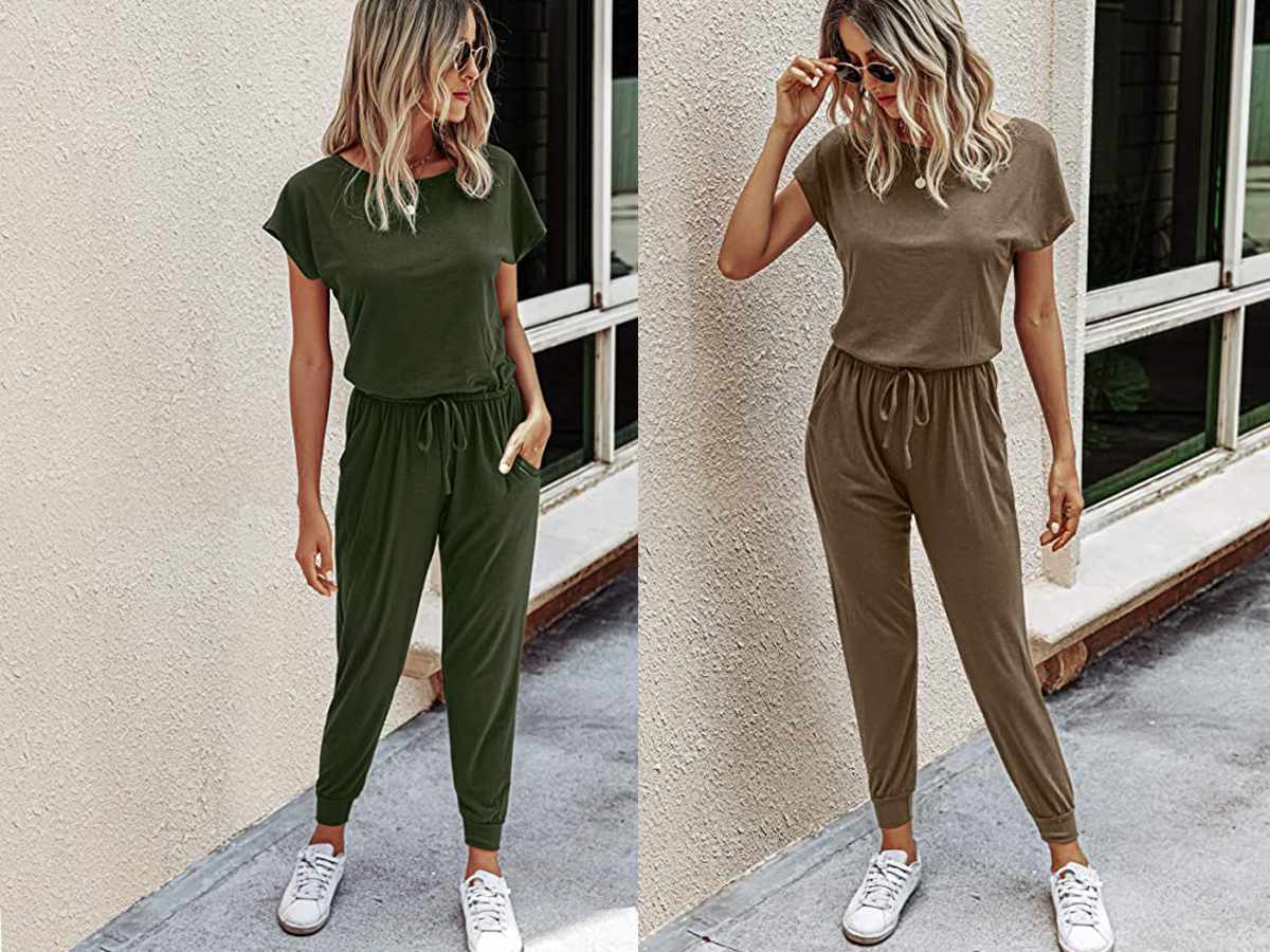 Women Short Sleeve Jumpsuits Summer Solid Casual Lace Up Pants Fashion Pocket Loose Wide Legs Long Jumpsuits 