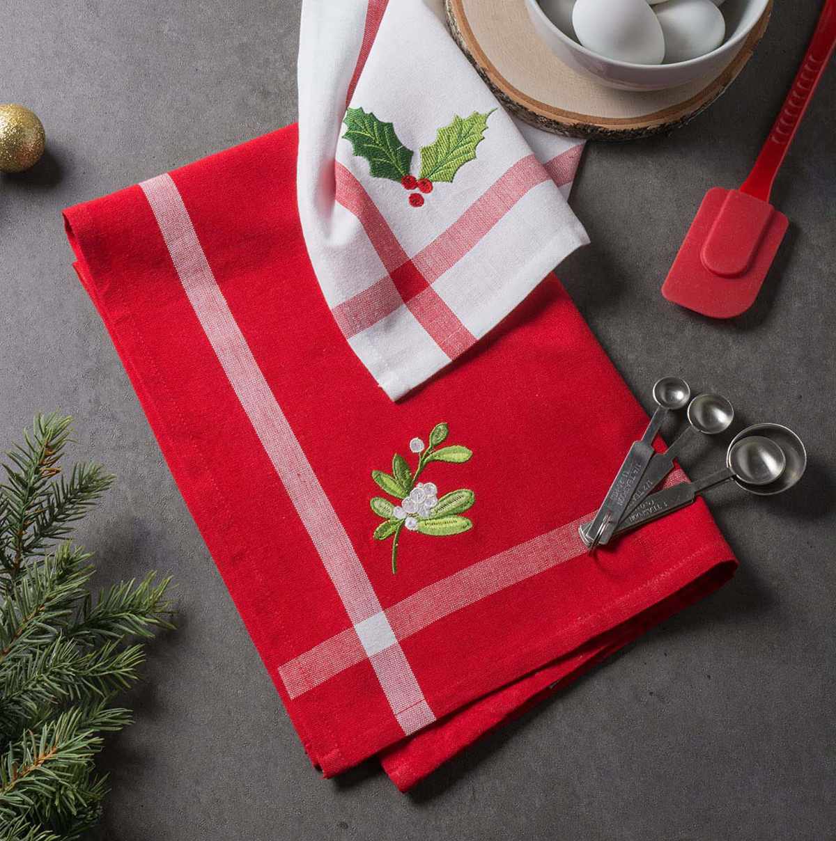 New S/2 Embroidered Pinecones Dish Towels Kitchen Tea Towel Cotton Towel Set 