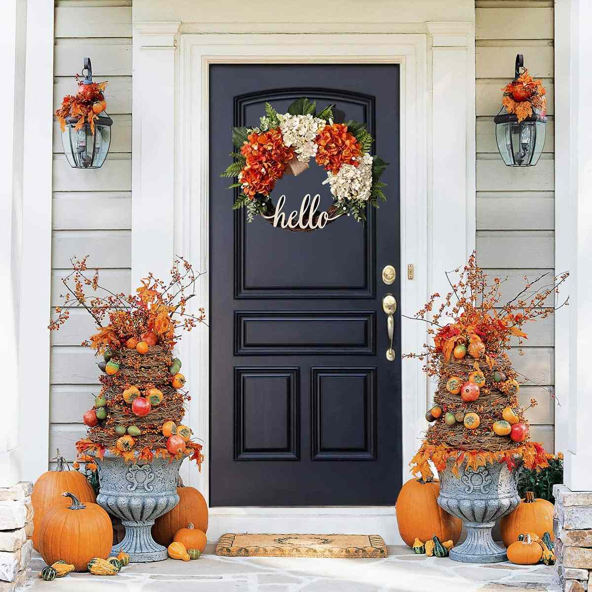 Halloween Autumn Maple Leaf Pumpkin Berry Wreath Home Door Decor W LED Light 