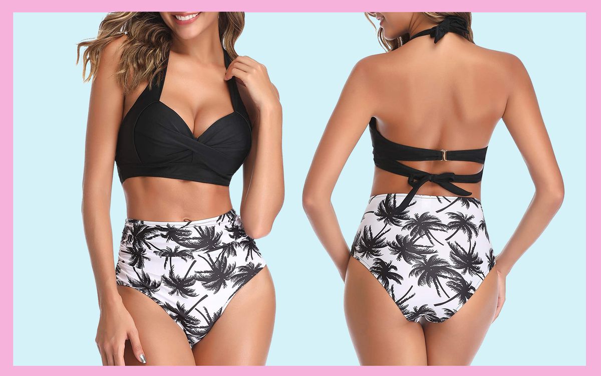 Stretchy Bikini Set Leaf Print Ruffle Top with Knot Side Swimsuit Swimwear