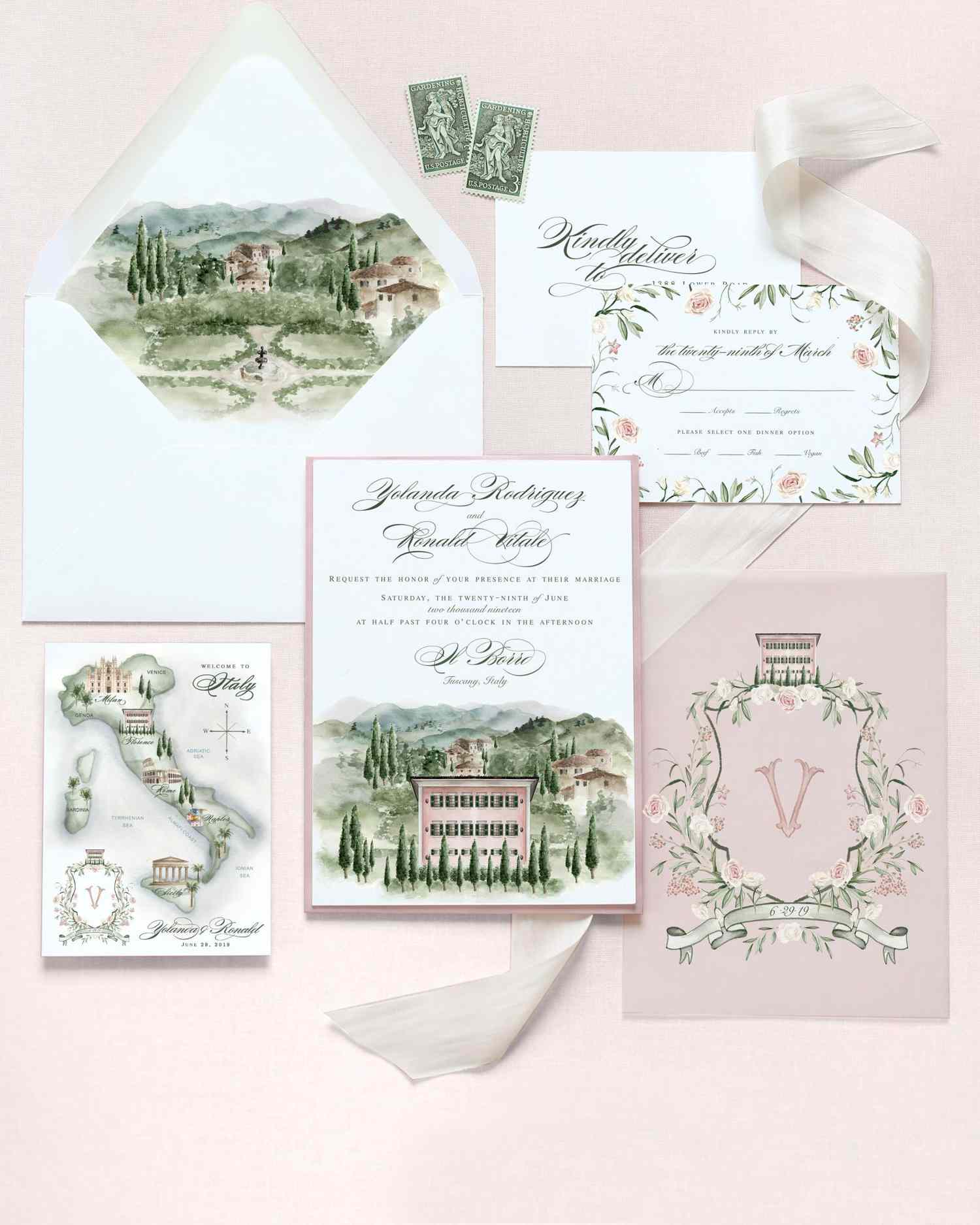 Wedding Invitation Suite Italian Wedding Invite Watercolor Greenery Invitation