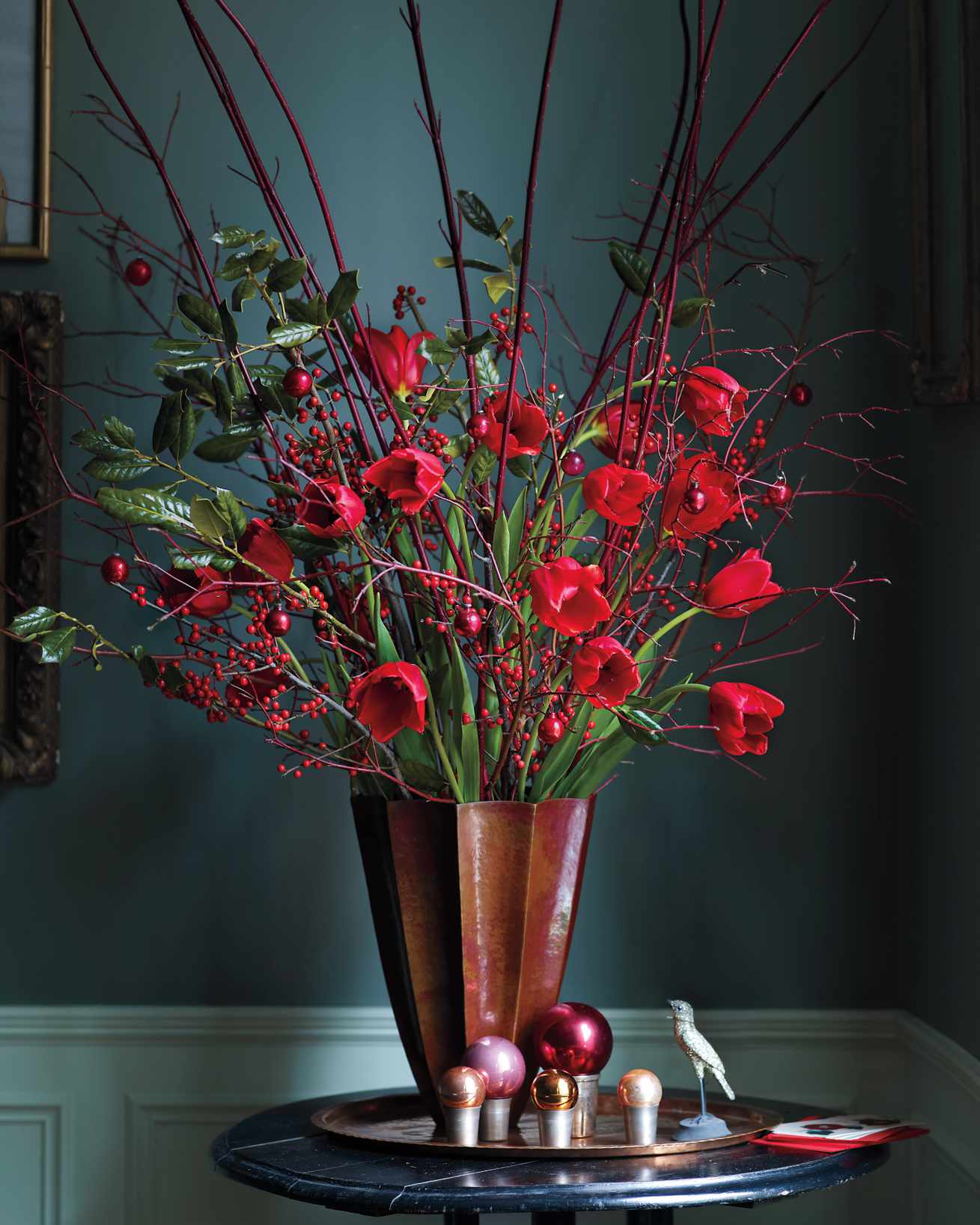Winter Urn of Berries and Coral Faux Flowers