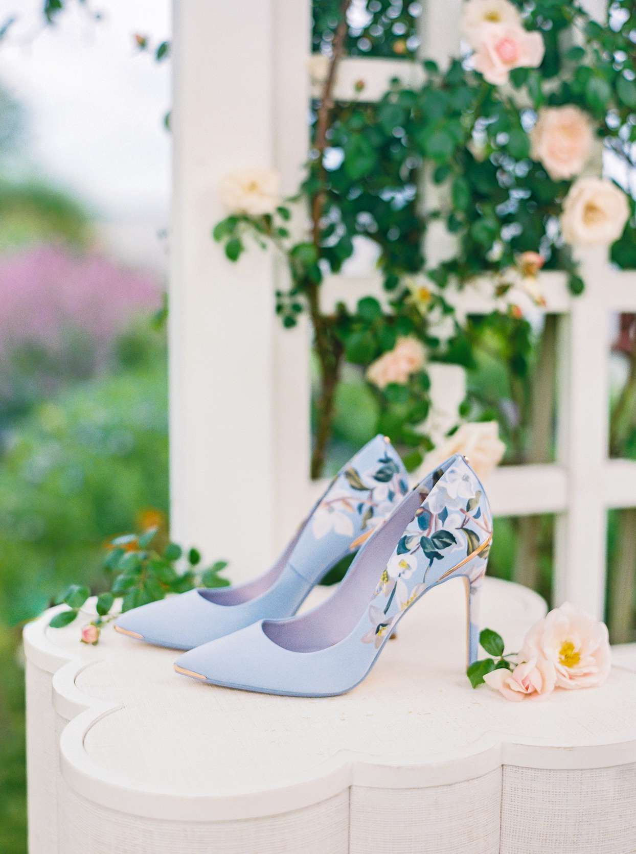 blue and white floral heels