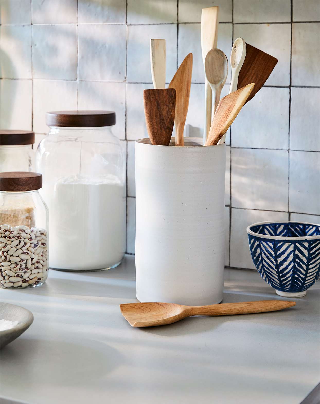Mini Canister Jars w/ wood spoons SET  White Ceramic 