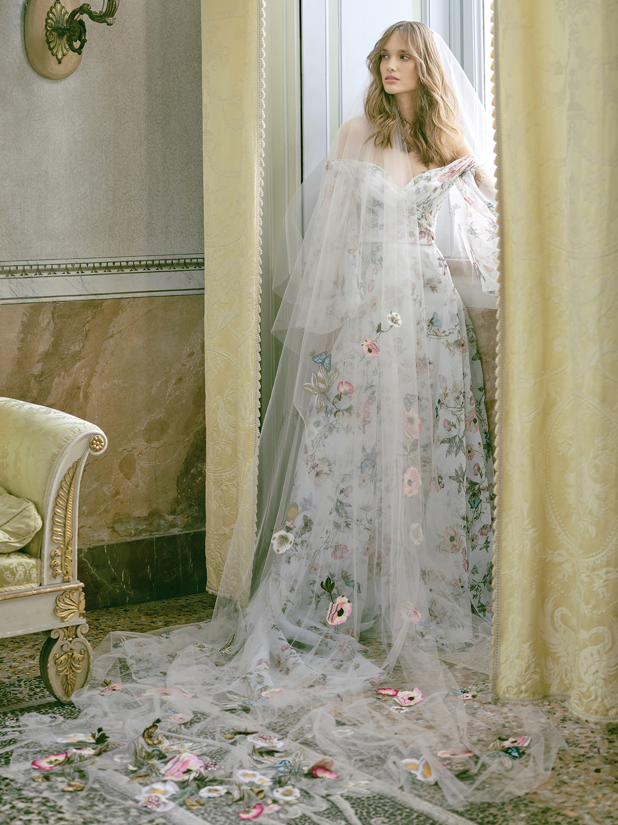 monique lhuillier off the shoulder wedding dress