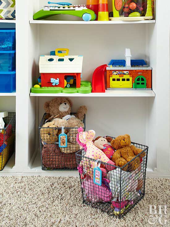 toy shelves with baskets