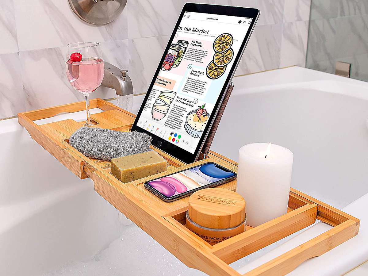 Bathtub Caddy Bamboo Bath Tub Rack Tray Bathroom Cloth Book/Pad/Tablet Holder 