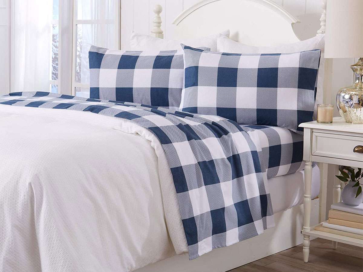 Tartan Flannelette Brushed Cotton Sheet Set Include Fitted Flat Sheet Pillowcase 