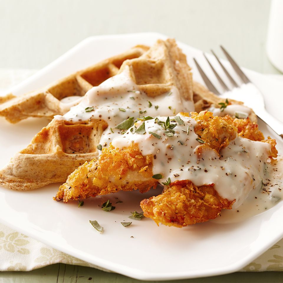 Savory Waffles With Herb Gravy And Crispy Chicken Tenders Recipe Eatingwell