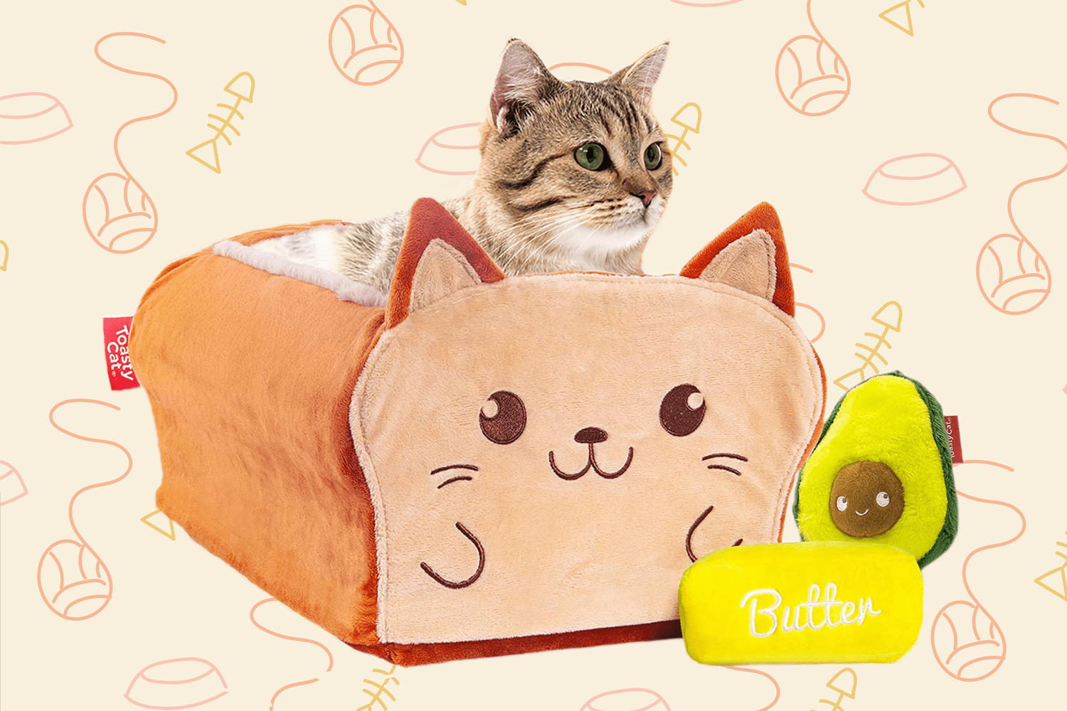 Calming Self Warming Memory Foam with Machine Washable Zip Cover Perfect for Indoor Cats and Kittens TOASTYCAT The Original Bread Cat Bed with 2 Plush Cat Toys Large XL Loaf Design Stuffs Pets