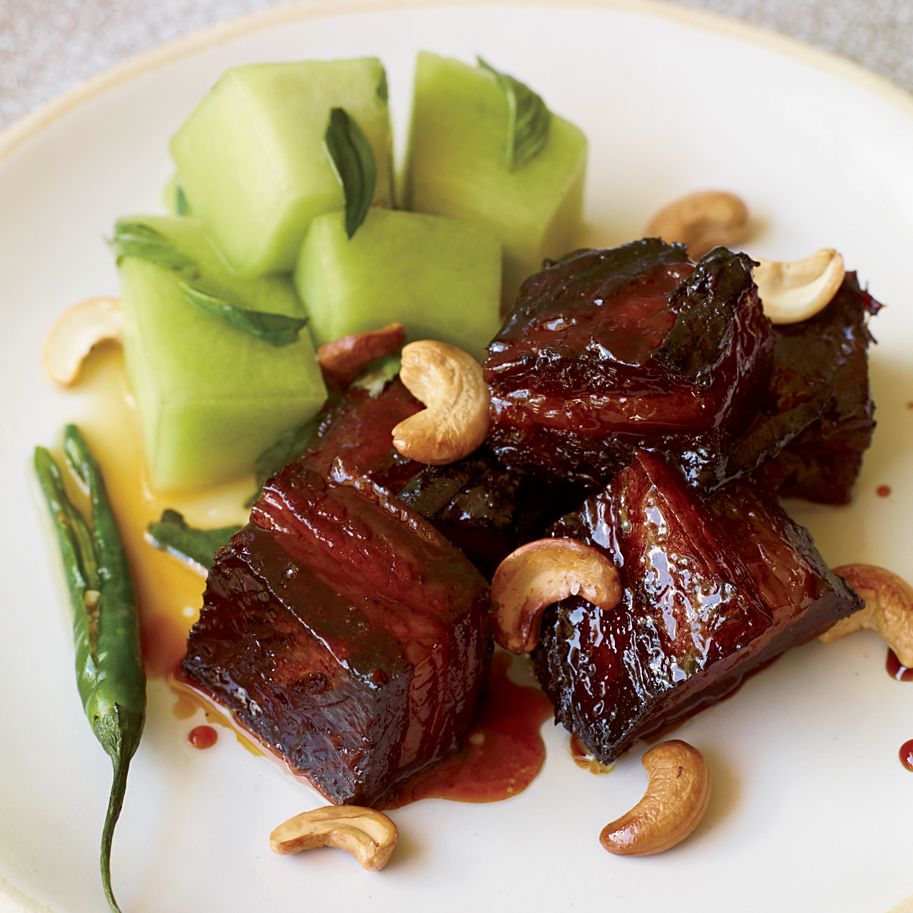 Caramel Lacquered Pork Belly With Quick Pickled Honeydew Recipe Andrea Reusing Food Wine