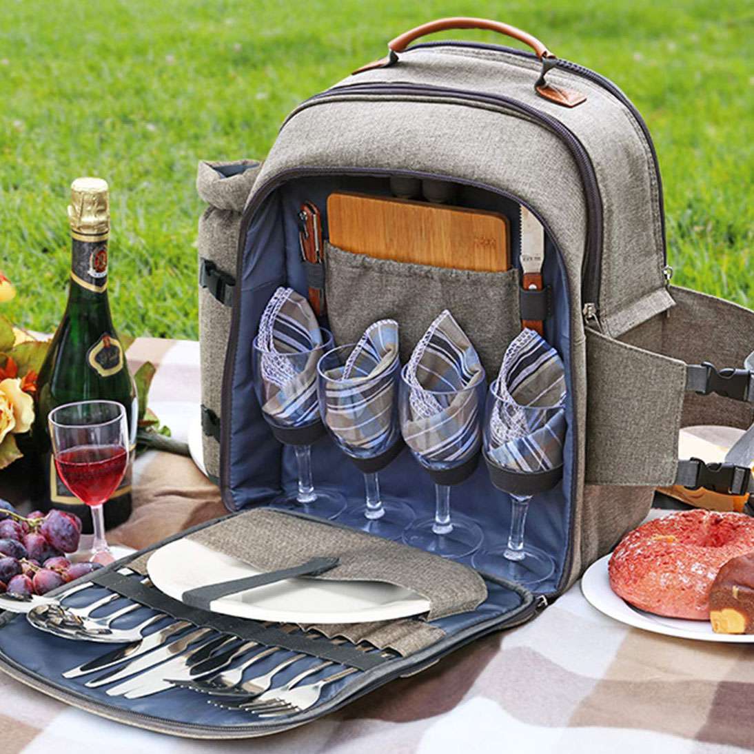 Glasses Detachable Bottle/Wine Holder Gray Insulated Backpack Cooler Cutlery Picnic Set for 4 Plus Waterproof Pouch Nordics Living Picnic Backpack for 4 Persons Picnic Plates Fleece Blanket