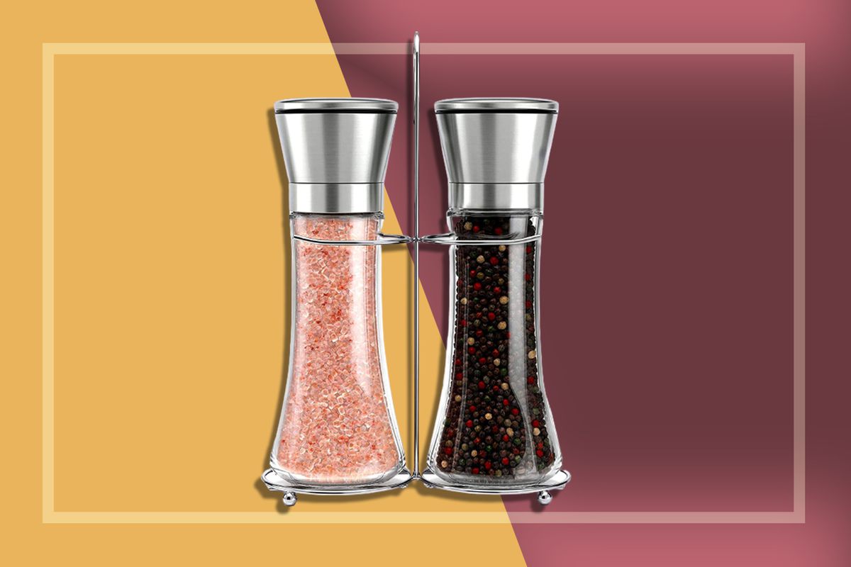2 pcs Glass Body Set of Salt and Pepper Grinders with Easy Adjustable Ceramic Coarseness Brozen Painting Stainless Steel Salt and Pepper Mills with Silicone Stand Pepper Grinder 